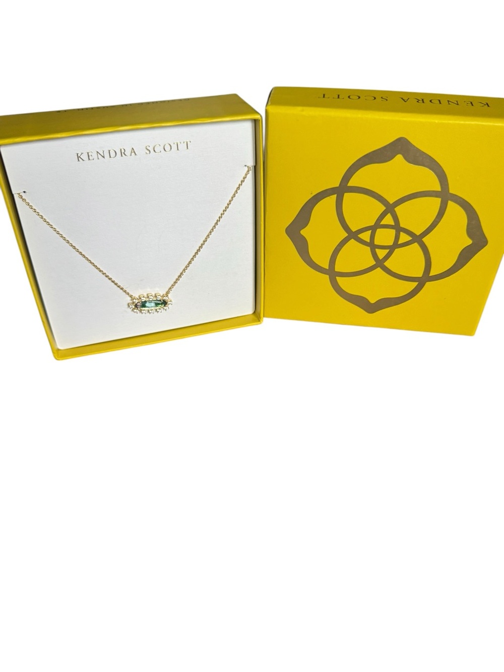Kendra Scott Gold Necklace with Emerald Green Stone and Halo